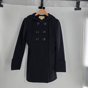 Michael Kors Black Wool Blend Double Breasted Hooded Coat, Size 4
